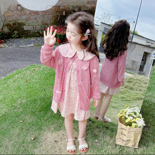 تنورة موردة أنثوية وجاكيت صوف زهري بنقش دافئ